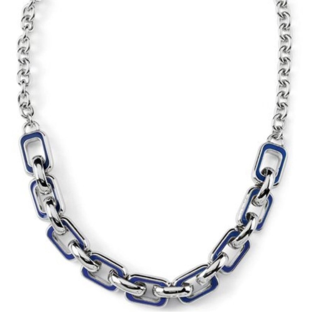 LIA SOPHIA Chain Reaction Enameled Navy Blue, White and Silver Link Necklace